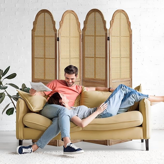 4 Panel Rattan Room Divider Panel, 5.6Ft Partitions and Dividers, Louvered Partition Divider, Room Dividers Screen, Solid Wood Frame, Folding Screen, Bedroom, Family Room, Light Brown
