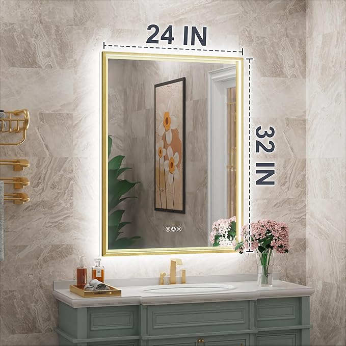 24x32 Inch Gold LED Bathroom Mirror with Front & Back Lights, Adjustable 3000K/4500K/6000K, Wall Mounted Framed Lighted Bathroom Vanity Mirror, Dimmable, Anti-Fog, Horizontal/Vertical