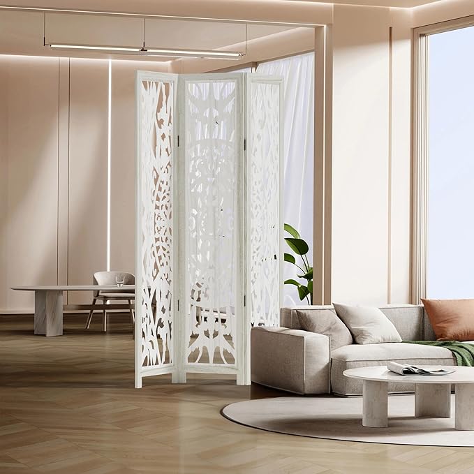 Casaphoria 3 Panels Room Divider, Folding Screen Room Divider with Carved Floral Pattern for Home Office, Restaurant and Bedroom, Paulownia Wood, 47" W x 67" H (White)