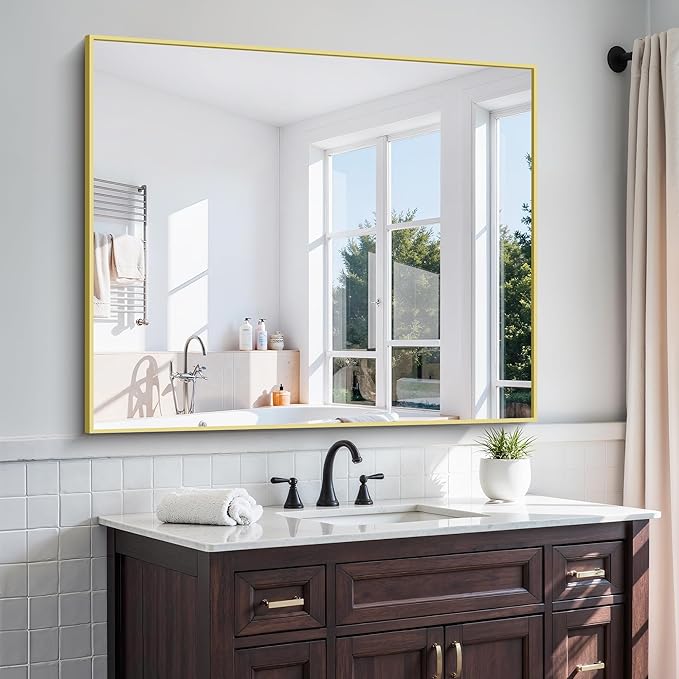 KOCUUY Large Gold Bathroom Mirror, 48x40 Inch Rectangular Mirror for Bathroom Sink, Oversized Wall Mirror with Metal Gold Frame for Living Room, Farmhouse, Entryway, Hang Horizontal/Vertical