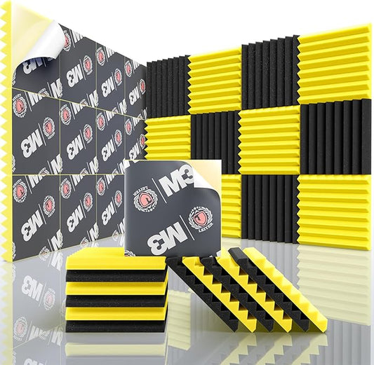Acoustic Panels Upgrade Self-Adhesive 12pack,1" X 12" X 12" Sound Proof Foam Panels for Walls Quick-Recovery,Sound Panels 35kg/m³High Density,Soundproof Wall Panels for Wall Decor,Black&Yellow