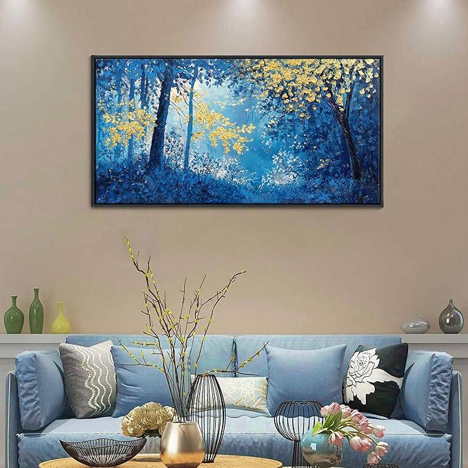 Blue and Gold Canvas Wall Art - Forest Bedroom Wall Art - Tree Wall Pictures for Living Room, Office, or Bedroom - Nature Landscape Canvas Decor Framed Painting 20×40IN