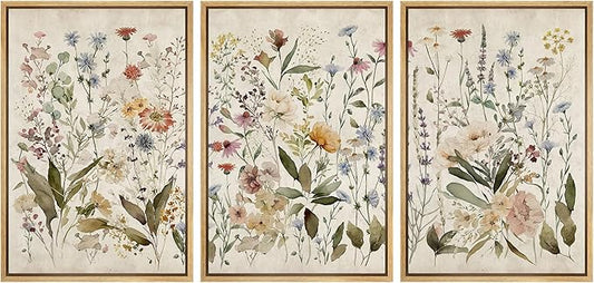 MUDECOR Framed Wall Art Print Set Blooming Wildflowers Illustrations Modern Art Decorative Colorful Chic for Living Room, Bedroom, Office - 24"x36"x3 Natural