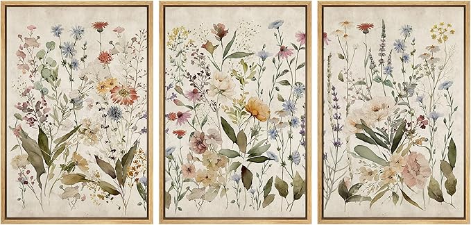 MUDECOR Framed Wall Art Print Set Blooming Wildflowers Illustrations Modern Art Decorative Colorful Chic for Living Room, Bedroom, Office - 16"x24"x3 Natural