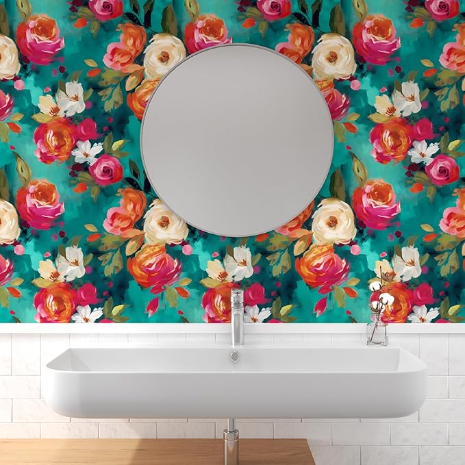 Bright Floral Wall Paper Watercolor Peel and Stick Wallpaper Oil Painting Contact Paper for Countertop Cabinet Wall Shelf Liner Removable Renter Friendly Colorful 17.5 x 196.5In