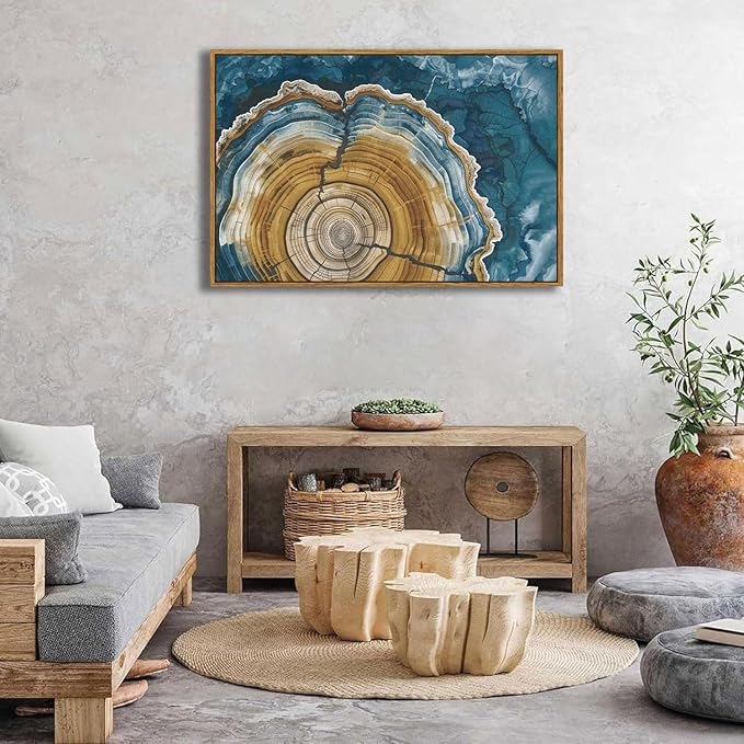 BingruiArt Large Framed Tree Ring Wall Art Wood Canvas Colorful Boho Wall Decor Rustic Artwork Abstract Painting Farmhouse Picture Nature Print for Living Room Bedroom Bathroom 24"x36" Natural Framed(07)