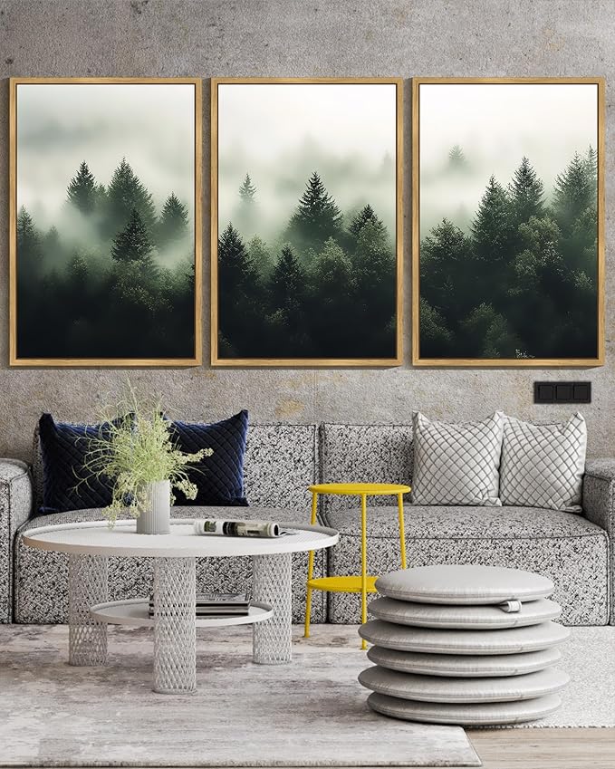 KUVIOKE Green Fog Pine Tree Framed Wall Art Nature Nordic Forests Artwork Morden Painting Home Decor 24x36in (Natural Framed)
