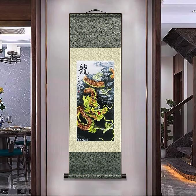 Chinese Landscape Painting Asian Wall Art Silk Scroll Painting Chinese Dragon Decoration Scroll Wall Five Paws Golden Dragon Decor Posters for Room Aesthetic Gallery Wall 36.2 x 12 in(L1)