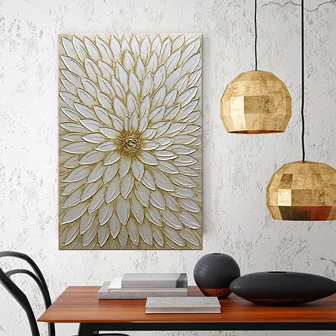 ART8YUQI Paintings - 3D Texture Wall Art Abstract Picture Contemporary Abstract Art Painting Gold Flower Modern Artwork Oil Painting for Decor 24x36 Inch
