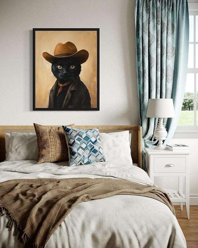 Black Cat Cowboy Art Print Poster Wall Art, Western Country Farmhouse Wild West for Bedroom, Bathroom, Living Room Art Decor 58 (Black Cat, 16 x 20 inches, Unframed)