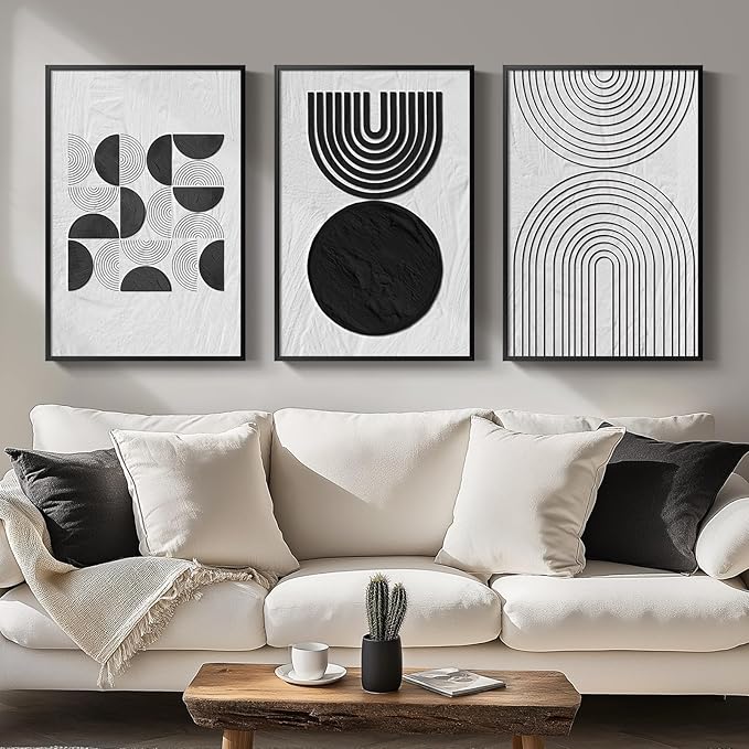 Large Framed Black and White Abstract Wall Art, Set of 3 Piece Boho Minimalist Canvas Paintings ArtWork for Walls, Modern Geometric Art Prints Pictures Wall Decor for Office Hallway - Total 30x60 Inch