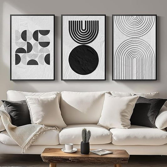 Large Framed Black and White Abstract Wall Art, Set of 3 Piece Boho Minimalist Canvas Paintings ArtWork for Walls, Modern Geometric Art Prints Pictures Wall Decor for Office Hallway - Total 30x60 Inch