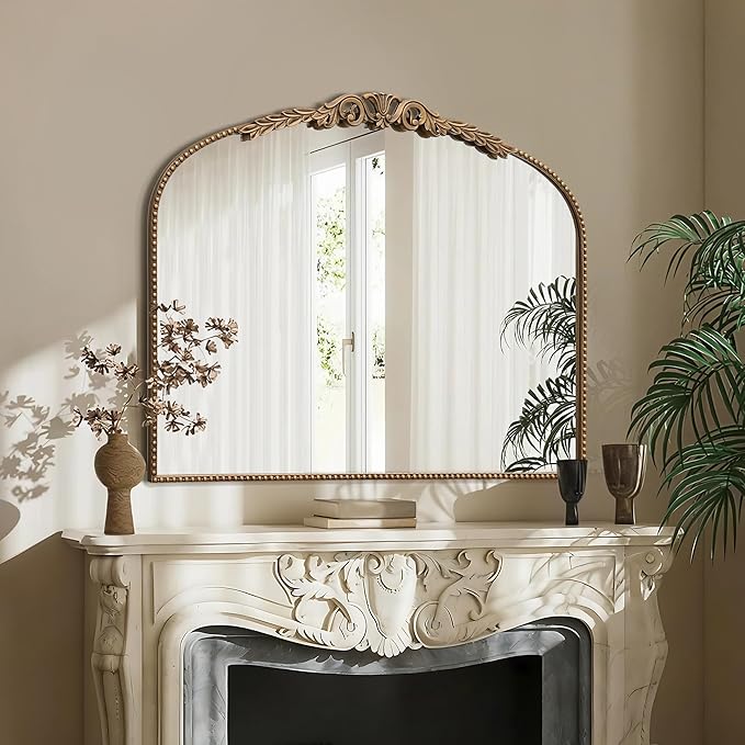 Large Gold Vintage Mirror: 29"x 36" French Baroque Bathroom Mirror - Traditional Ornate Antique Arched Mirrors for Wall/Dresser/Mantel/Bedroom/Entryway/Hallway - Home Decor for Living Room