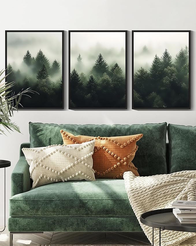 KUVIOKE Green Fog Pine Tree Framed Wall Art Nature Nordic Forests Artwork Morden Painting Home Decor 12x16in (Black Framed)