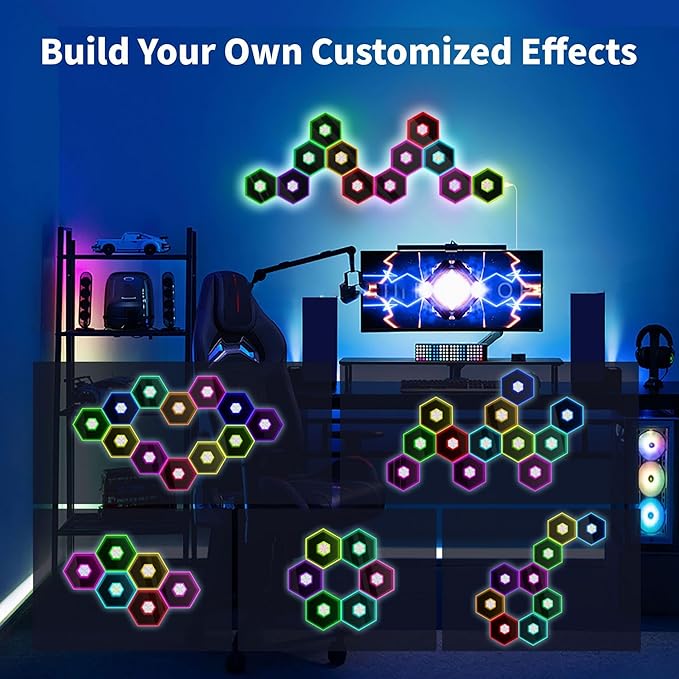 6 Pack Hexagon Lights Wall Panels - RGB Wall Decor Gaming Lights with Smart APP Music Sync, DIY Modular Assembled Hex Led Lights Panel for Bedroom, Game Room