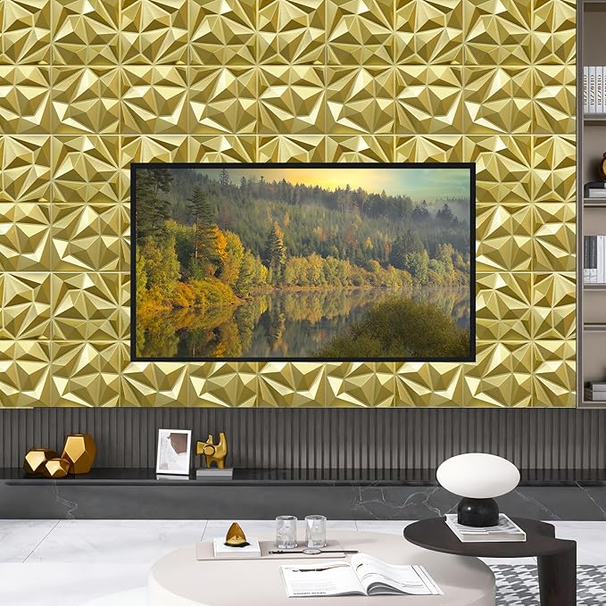33 Pack 3D Modern Diamond Wall Panels for Interior Wall Decor,12''x12'' Champaign Gold Accent Wall Panles for Living Room,TV Wall Background,Bedroom