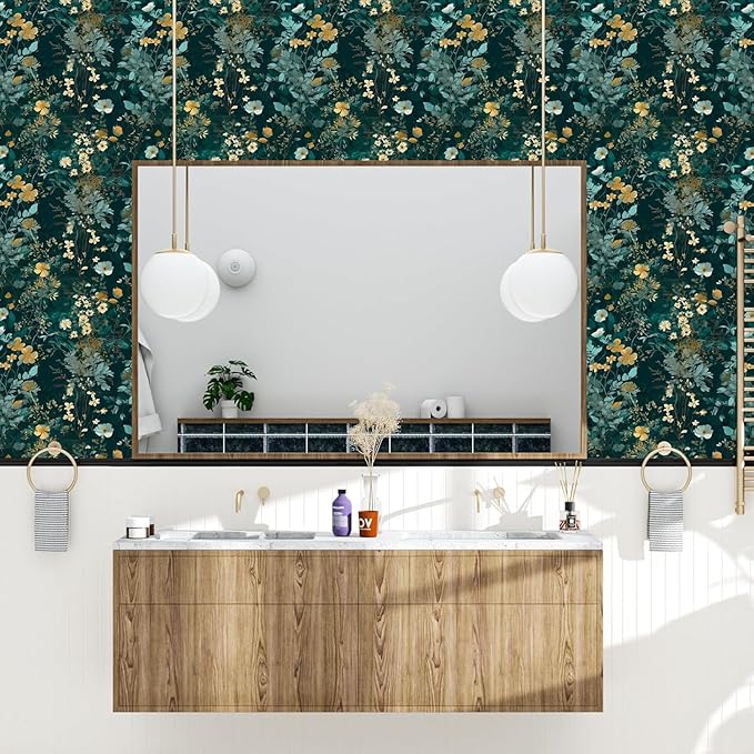 Blue Floral Peel and Stick Wallpaper Boho Leaf Contact Paper Dark Watercolor Removable Self Adhesive Waterproof Wall Paper for Cabinet Drawers Wall Decor Renter Friendly 17.5''x393''