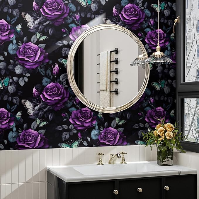 Black Foral Wallpaper Peel and Stick, Dark Purple Rose Contact Paper, Waterproof Self-Adhesive Flower Butterfly Wall Paper for Bedroom Countertop Desk Cabinets Decor 17.4" x 118" Renter Friendly