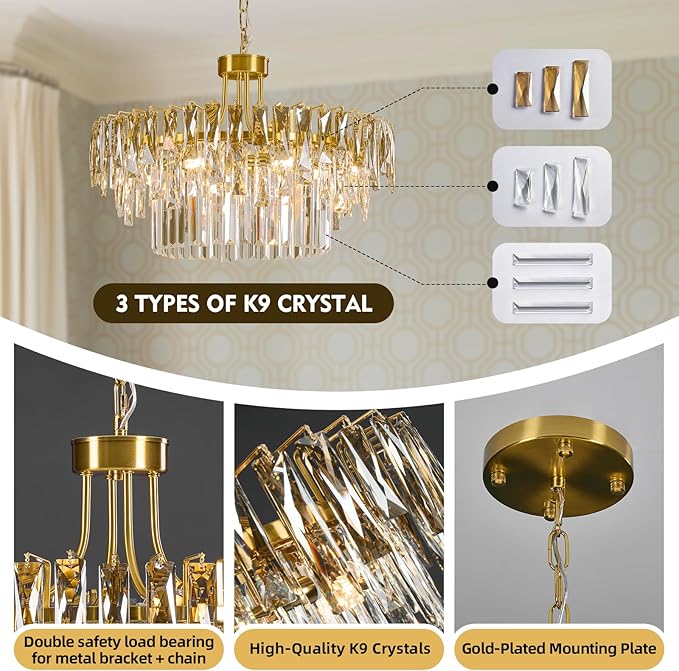 Modern Gold Round Crystal Dining room Chandelier - 23.6'' Luxury Raindrop K9 Crystals Chandeliers,Contemporary 3 Tier Ceiling Light Chandelier for Living room Bedroom Foyer Entryway (Include bulbs)