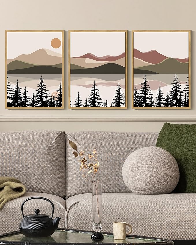 KUVIOKE Watercolor Mountain Landscape Framed Wall Art Laker Tree Boho Nature Artwork Painting Bohemain Farmhouse Rustic Home Decor 11x14in (Natural Framed)