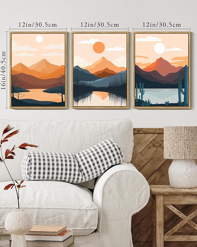 KUVIOKE Watercolor Landscape Framed Wall Art Nature Mountain Painting Sun Rises Boho Farmhouse Rustic Home Decor 12x16in (Natural Framed)