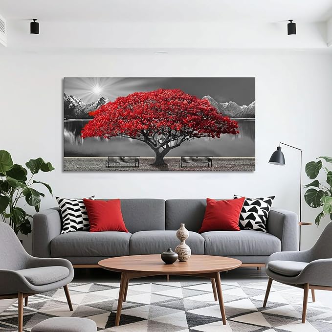 Mofutinpo Black and White Red Tree Wall Art Canvas Print Picture Large Red Tree Landscape Modern Artwork for Living Room Bedroom Office Home Wall Decor With Frame 29X58inch