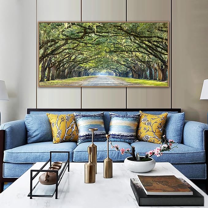 arteWOODS Framed Canvas Wall Art - Green Forest Canvas Pictures Oak Trees Covered Lane Art Print Green Nature Landscape Artwork Oak Trees Lined Road at Georgia Home Decor 29" x 58"