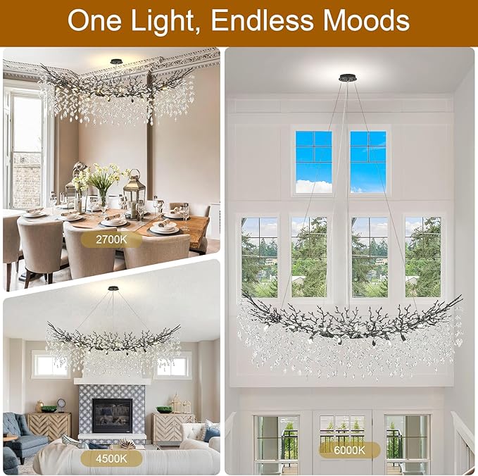 Large Modern Farmhouse Crystal Chandelier, 63" Black Tree Branch Chandelier Antique Vintage Chandeliers for Dining Room 16-Light High Ceiling Chandeliers Dining Room Light Fixture