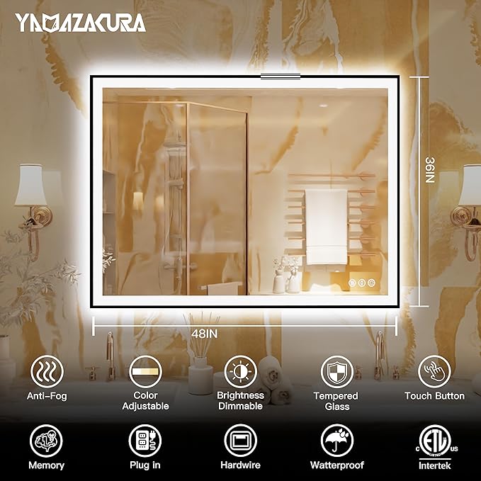 LED Mirror for Bathroom - 48x36 Vanity Mirror, Backlit & Front Light, Framed Dimmable, Anti-Fog, Shatterproof, Memory, 3 Colors