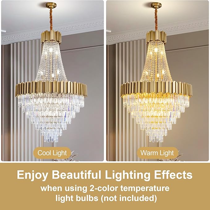 54" Long Crystal Chandelier for High Ceilings, 21-Light Modern Gold Large Chandeliers for Staircase, Foyer, Entryway, Living Room, Hallway, Luxury Top K9 Crystal Tiered Ceiling Light Fixture