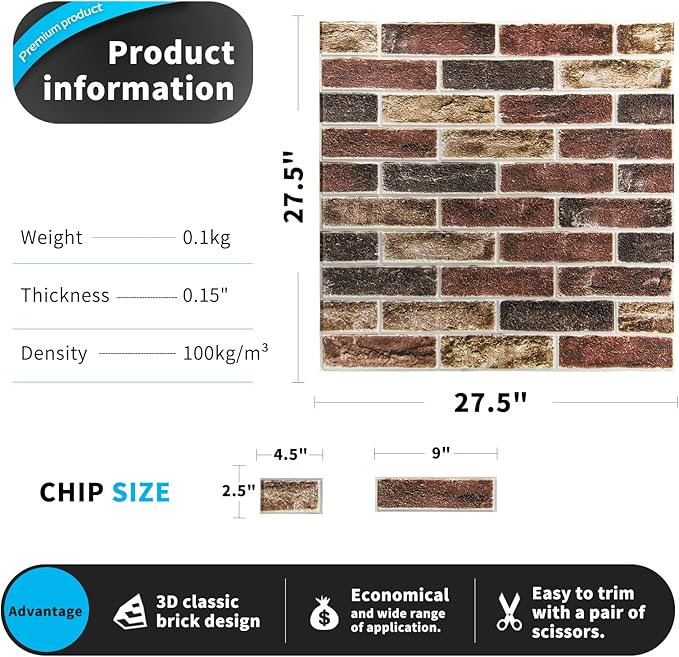 Art3d 10-Pack 52.5 Sq.Ft Faux Brick 3D Wall Panels Peel and Stick in Red Brown, Self Adhesive Waterproof Foam Wallpaper for Bedroom, Bathroom, Kitchen