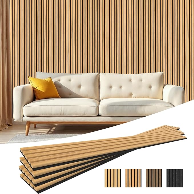 4-Piece Acoustic Wood Wall Panels for Wall and Ceiling, 3D Fluted Soundproof Wood Slat Wall Panels for Interior Wall Decor, 94.5" x 7.9"-Warm Teak