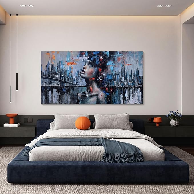 Navy Blue Abstract Wall Art Woman Picture for Living Room Modern Home Bedroom Decoration New York City Framed Cityscape Artwork Decor 29x58IN