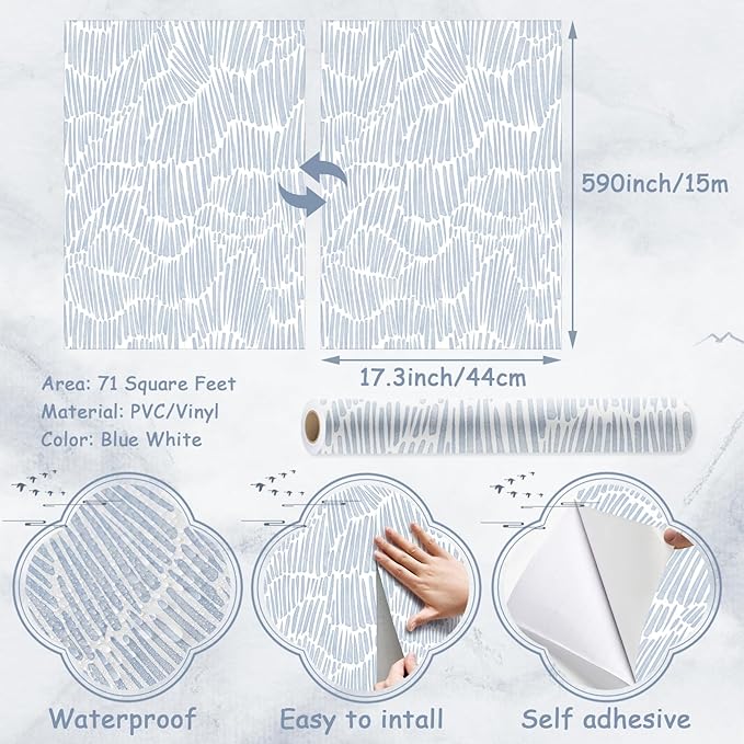 Blue Striped Modern Wallpaper Peel and Stick Wallpaper Boho 17.3"×590" Removable Self Adhesive Wall Paper for Bedroom Waterproof Blue and White Contact Paper for Home Decor Vinyl