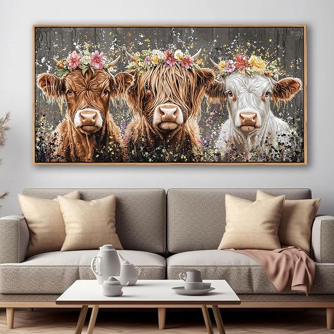 AJAZIKO Highland Cow Wall Art - Farmhouse & Rustic Country Wall Decor, Large Canvas Pictures for Living Room, Above Bed Artwork for Walls - Western Decorations 24×48IN