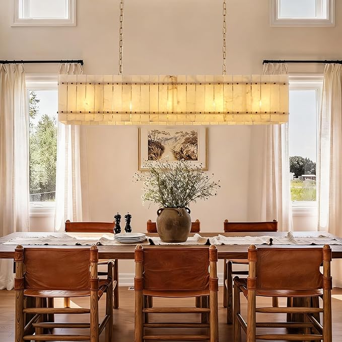 53.4" Rectangle Alabaster Chandelier, Modern Dining Room Chandeliers, 10-Light Marble Hanging Pendant Dining Light Fixture for Kitchen Island, Living Room, Bedroom, Foyer, Entryway