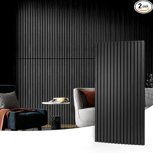 Art3d 2 Wood Slat Acoustic Panels for Wall and Ceiling - 3D Fluted Sound Absorbing Panel with Wood Finish - Matte Black
