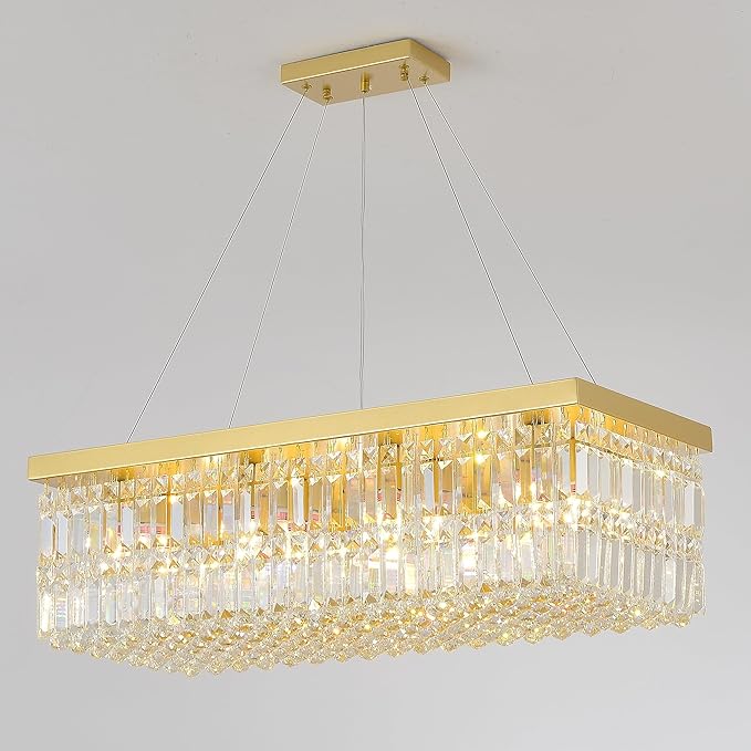 Luxury Gold Rectangular Crystal Chandelier 12-Light, 31.5" Modern K9 Raindrop Chandelier with Adjustable Chain, Dimmable Ceiling Light Fixture for Dining Room, Kitchen Island, Entryway 31.5"L x 10"W