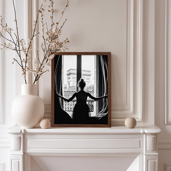 Poster Master Vintage Photograph Poster - Retro Minimalist Print - Girl In The Open Window, Black & White, Simple - Gift for Artist, Friend - Wall Decor for Living Room, Dorm, 11x14 Brown Framed