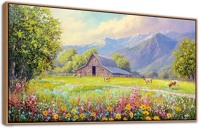 AJAZIKO Rustic Mountain Wall Art - Farmhouse Landscape Wall Decor with Highland Cow & Floral Art - Nature & Country Artwork for Living Room, Bedroom & Walls - Framed Flower Pictures for Home 29x58IN