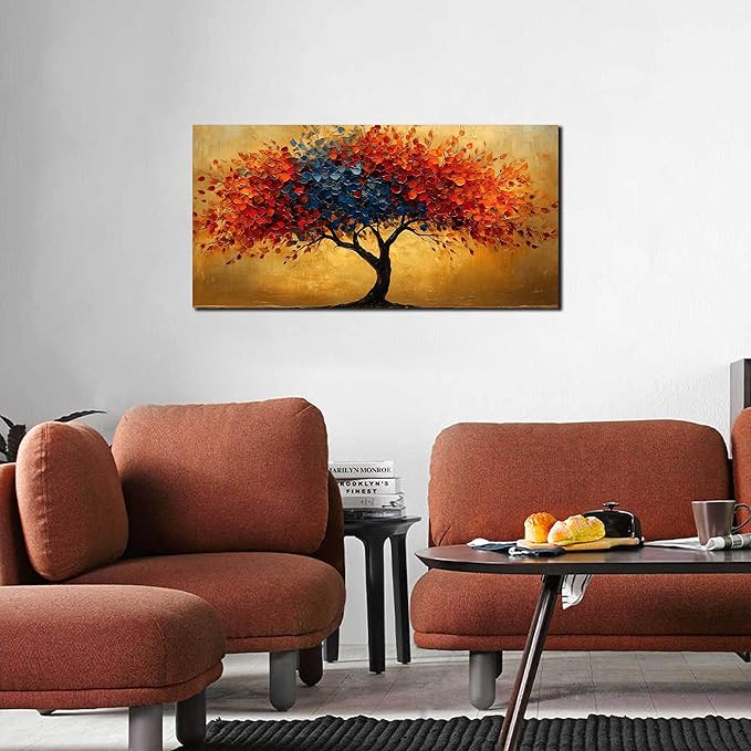 CANEITO Tree Wall Art for Living Room, Red Blue and Gold Wall-Decor for Bedroom, Natural Canvas Prints Pictures for Hallway Office, Size 40x20 Inches