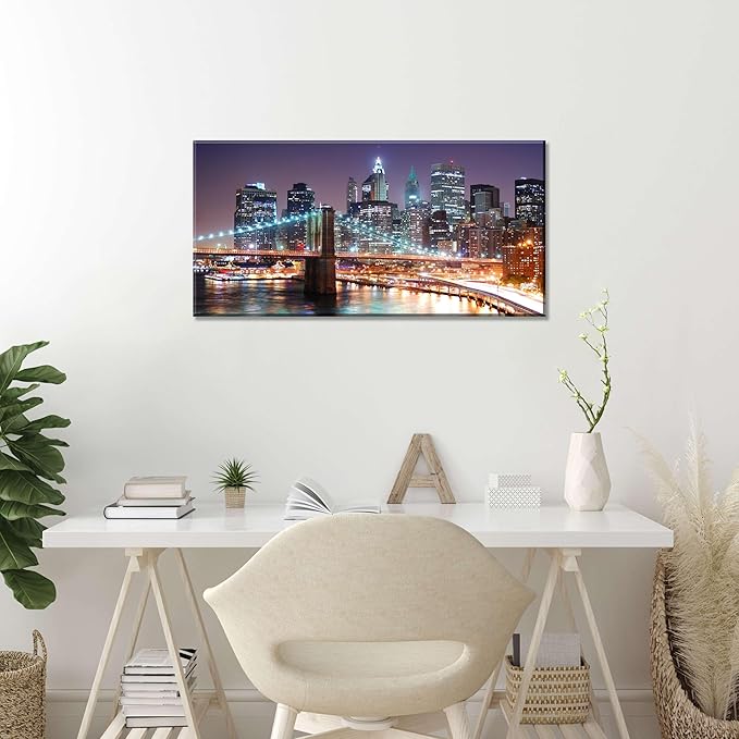 NAN Wind 1PCS New York City Skyline Canvas Wall Art Brooklyn Bridge at Sunset Golden Hour Manhattan Cityscape Pictures Canvas Artwork East River Reflection Modern Urban Home Decor Living Room Office