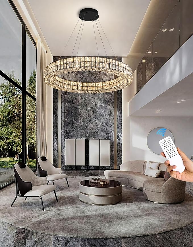 47.5 inch Large Black Chandelier Round Crystal Chandelier Light for High Ceiling Ring Pendant Hanging Ceiling Light Led Dimmable 2700k-6000k