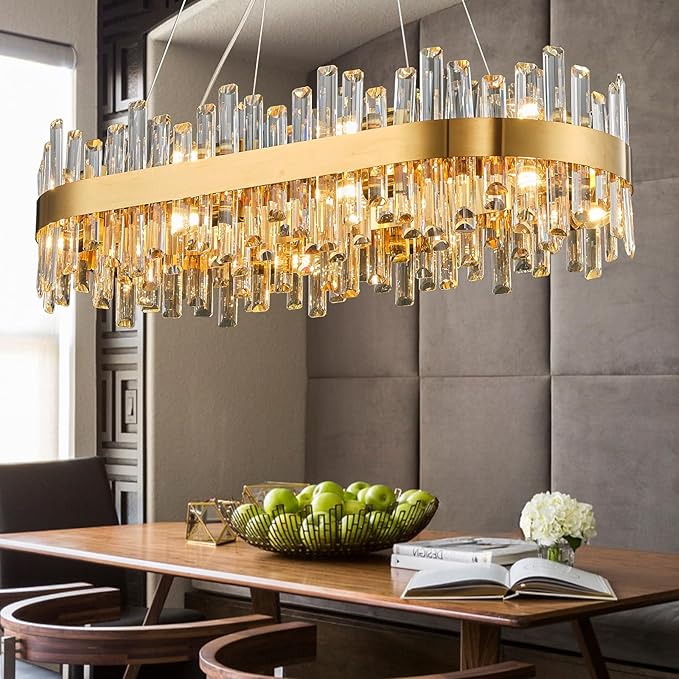 Modern Crystal Chandeliers, Luxury Rectangular 2 Tiers K9 Crystal Chandelier, 16-Light Brass Gold Rectangle Oval Flush Mount Ceiling Light Fixture for Dining Room Kitchen Foyer, L35.4''