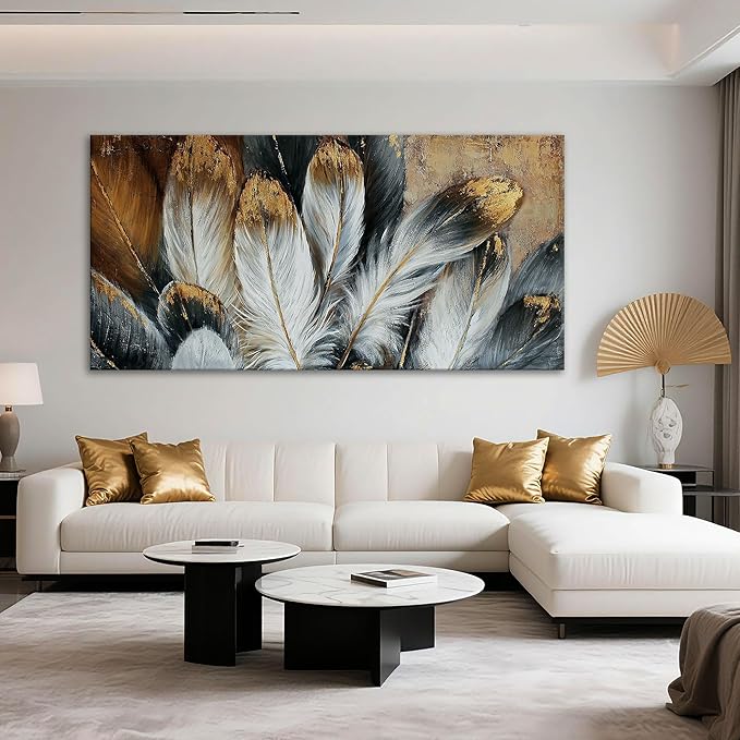Mofutinpo Feather Wall Art Modern Living Room Bedroom Wall Decoration Large Giclee Print Canvas Painting Artwork for Home Decor One Piece White Gold Brown Feather Picture Ready to Hang 24x48 Size