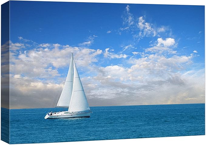 Canvas Prints Wall Art - Beautiful Seascape White Sail Boat on The Blue Calm Sea | Modern Wall Decor/Home Decoration Stretched Gallery Canvas Wrap Giclee Print & Ready to Hang - 12" x 18"