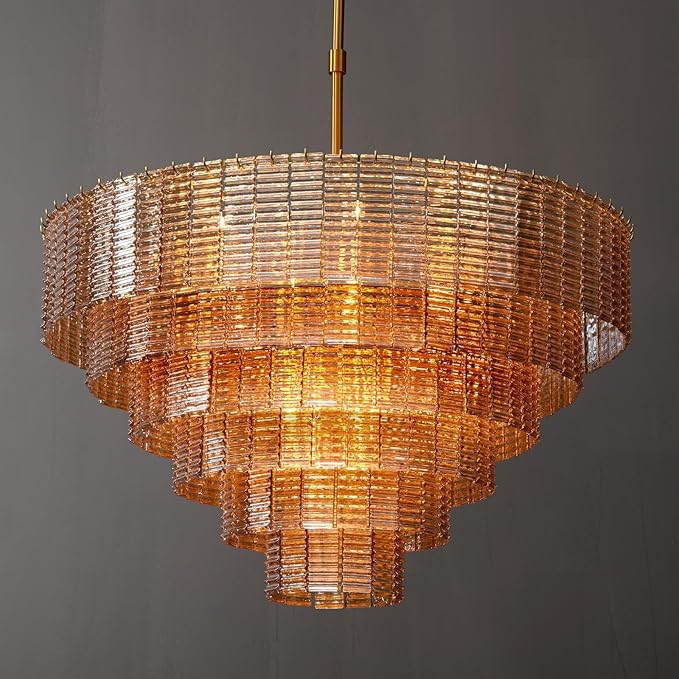 Large Chandelier, 41" Gold Chandelier for Dining Room, 18-Light Round Drum Kitchen Island Hanging Light Fixture，Amber Glass Linear Chandeliers Perfect for Living Room, Bedroom,Kitchen, Foyer