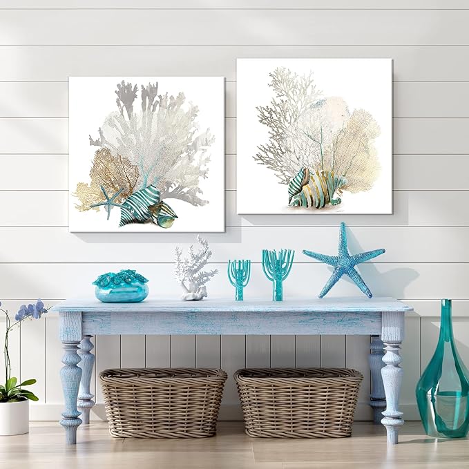 JAPO ART White Coral Wall Art Beach Bathroom Decor Sea Shell Pictures Coastal Wall Decor Sea Fan Nautical Painting Coral Pictures for Livingroom Bedroom Home Walls 16x16 x2pcs