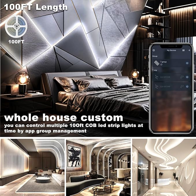 50FT COB Led Strip Lights, Uniform 6500K COB Rope Light,Bright Daylight White Lights,High Density,App/Remote Control,Indoor 24V Cuttable Cabinet Lights for Bedroom,Bookshelf,Showcase,Kitchen