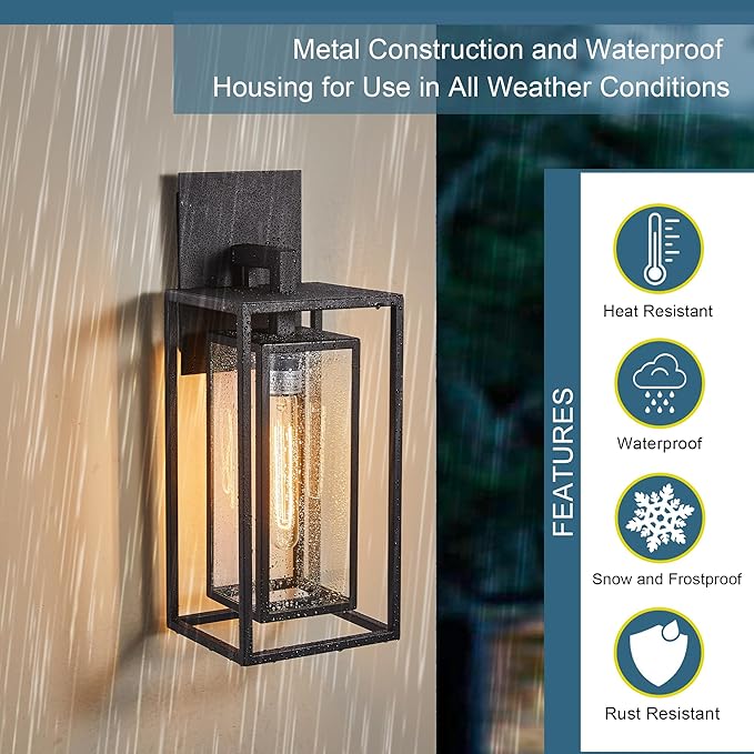 18"Ht Modern Industrial Outdoor Wall Light Fixture with Textured Black Anti-Rust Metal and Clear Glass, Wet Rated for Exterior House Porch Patio Outside Deck Garage Yard Front Door Garden